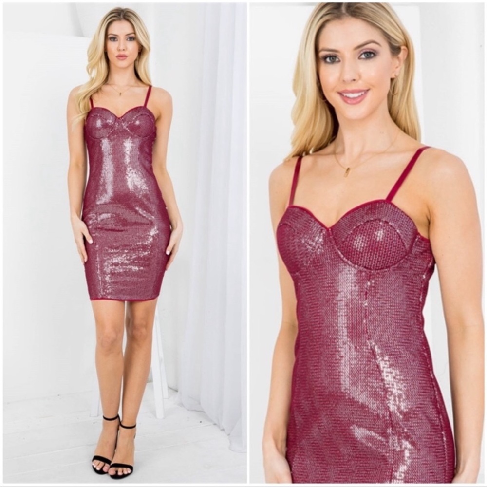 Kaylee Kollection Burgundy Sequinned Mini Dress Sz S Padded Top NWT